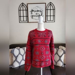 Vintage 90's Red Snowflake Christmas Fisherman Knit Pullover Sweater Size XL